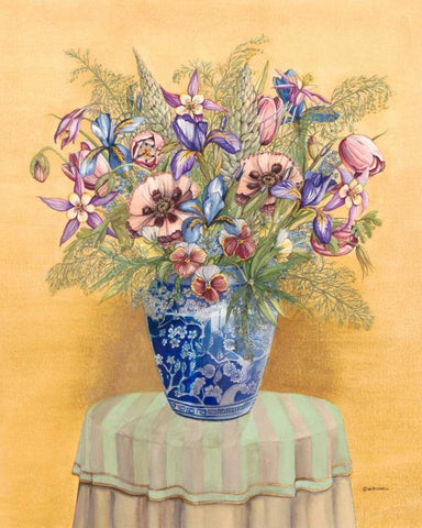 Bouquet in Asian Vase II White Modern Wood Framed Art Print with Double Matting by Russell, Wendy