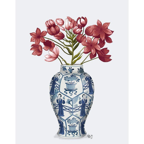 Chinoiserie Arabian Star Red-Blue Vase Black Modern Wood Framed Art Print with Double Matting by Fab Funky