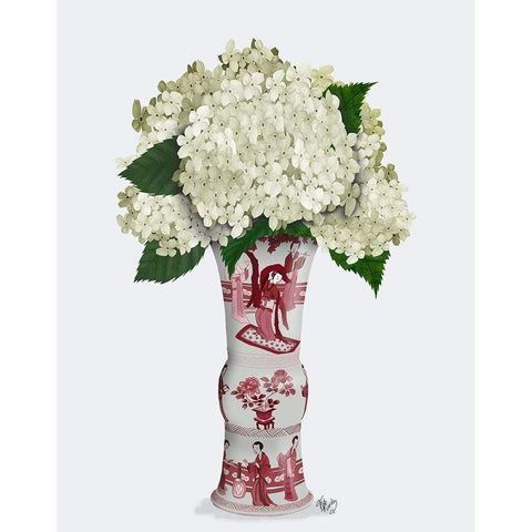 Chinoiserie Hydrangea White-Red Vase Gold Ornate Wood Framed Art Print with Double Matting by Fab Funky