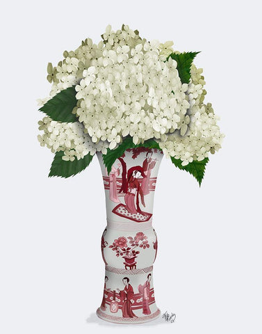 Chinoiserie Hydrangea White-Red Vase Black Ornate Wood Framed Art Print with Double Matting by Fab Funky