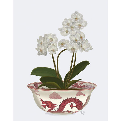 Chinoiserie Orchids White, Dragon Bowl Red White Modern Wood Framed Art Print by Fab Funky