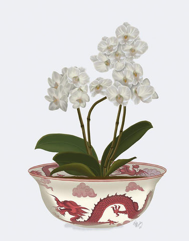 Chinoiserie Orchids White, Dragon Bowl Red White Modern Wood Framed Art Print with Double Matting by Fab Funky