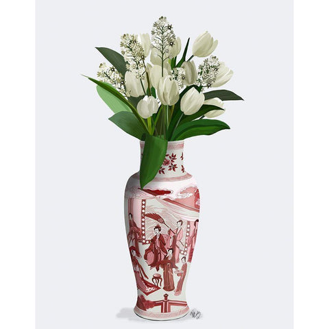 Chinoiserie Tulips White, Hyacinth White, Red Vase Black Modern Wood Framed Art Print with Double Matting by Fab Funky