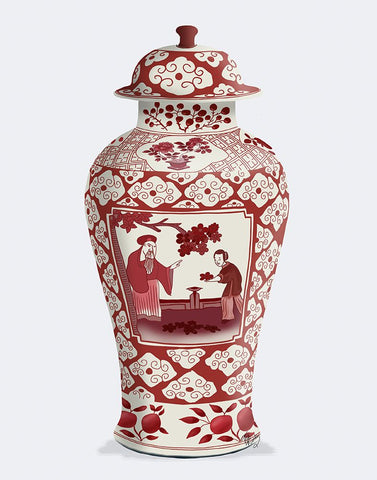 Chinoiserie Cherry Blossom Picker, Red Black Ornate Wood Framed Art Print with Double Matting by Fab Funky