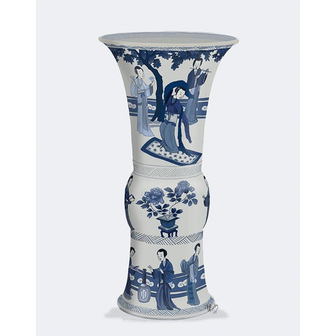 Chinoiserie Vase Dancer Blue Gold Ornate Wood Framed Art Print with Double Matting by Fab Funky