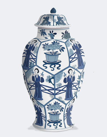 Chinoiserie Vase Leaf Picker Blue White Modern Wood Framed Art Print with Double Matting by Fab Funky