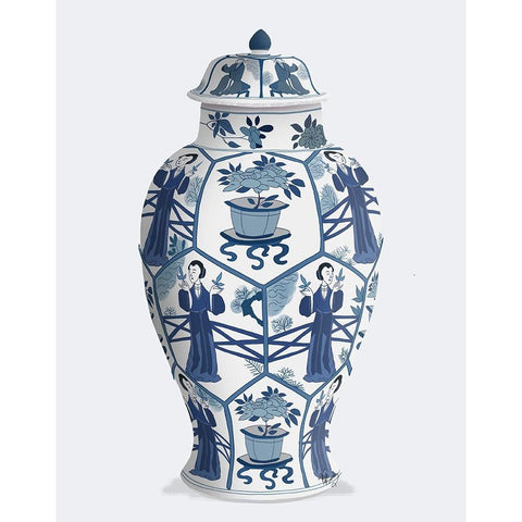 Chinoiserie Vase Leaf Picker Blue White Modern Wood Framed Art Print by Fab Funky