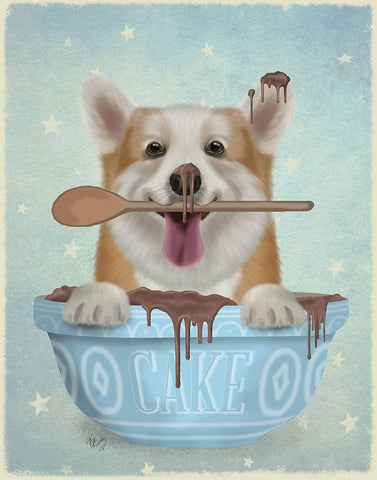 Corgi Cake Bowl White Modern Wood Framed Art Print with Double Matting by Fab Funky