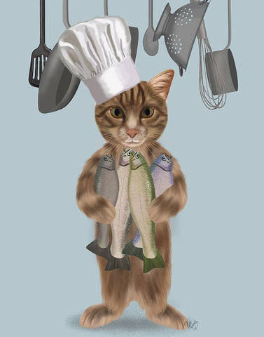 Tabby Cat Fish Chef White Modern Wood Framed Art Print with Double Matting by Fab Funky