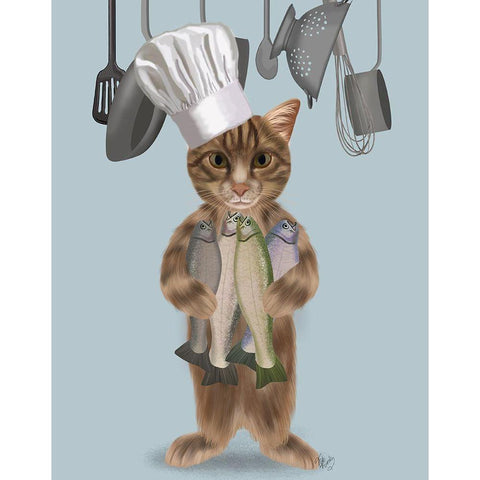 Tabby Cat Fish Chef White Modern Wood Framed Art Print by Fab Funky