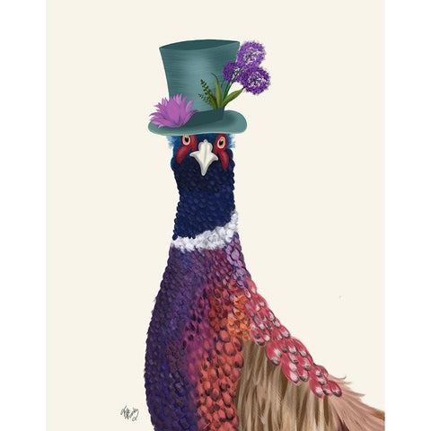 Pheasant in Blue Hat White Modern Wood Framed Art Print by Fab Funky