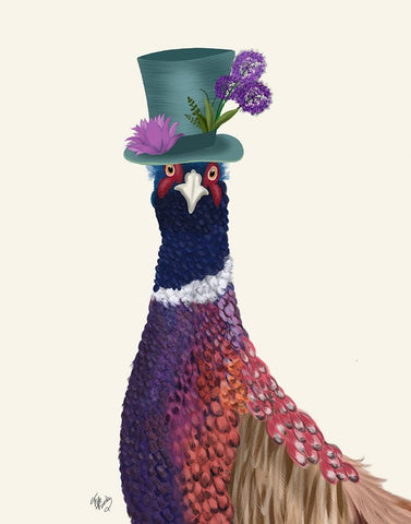 Pheasant in Blue Hat Black Ornate Wood Framed Art Print with Double Matting by Fab Funky