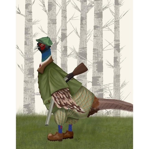 Pheasant Shooting Party 1 White Modern Wood Framed Art Print by Fab Funky