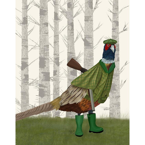 Pheasant Shooting Party 2 White Modern Wood Framed Art Print by Fab Funky