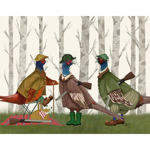 Pheasant Shooting Party Group 1 White Modern Wood Framed Art Print by Fab Funky