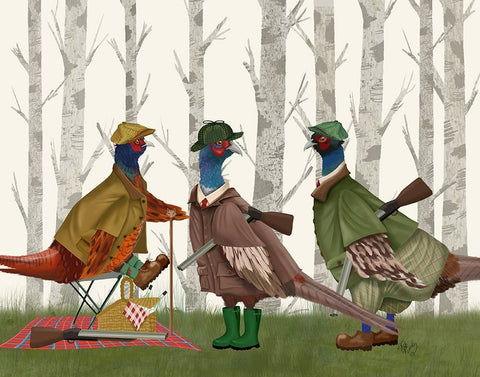 Pheasant Shooting Party Group 1 White Modern Wood Framed Art Print with Double Matting by Fab Funky