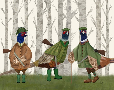 Pheasant Shooting Party Group 2 White Modern Wood Framed Art Print with Double Matting by Fab Funky