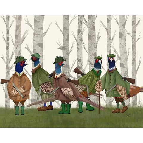 Pheasant Shooting Party Group 3 White Modern Wood Framed Art Print by Fab Funky