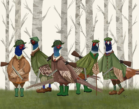 Pheasant Shooting Party Group 3 White Modern Wood Framed Art Print with Double Matting by Fab Funky