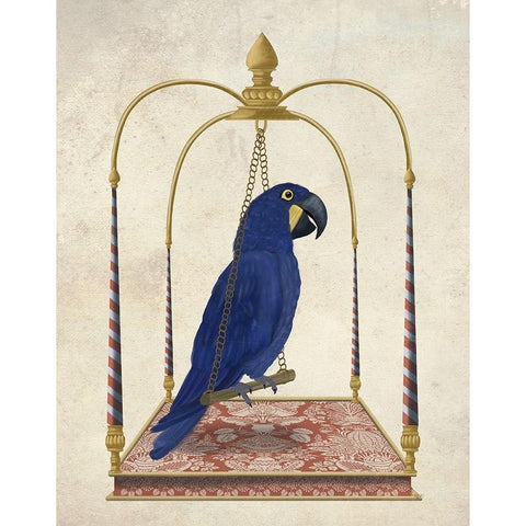 Blue Parrot on Swing White Modern Wood Framed Art Print by Fab Funky