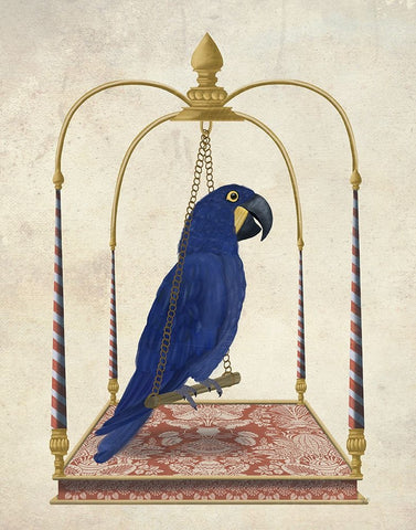 Blue Parrot on Swing White Modern Wood Framed Art Print with Double Matting by Fab Funky