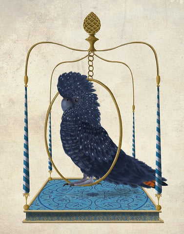 Black Cockatoo on Swing Black Ornate Wood Framed Art Print with Double Matting by Fab Funky