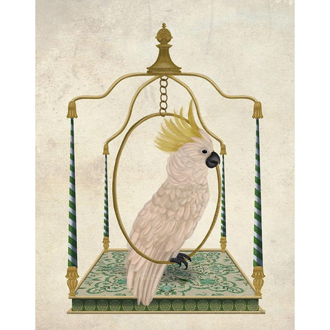 White Cockatoo on Swing Gold Ornate Wood Framed Art Print with Double Matting by Fab Funky