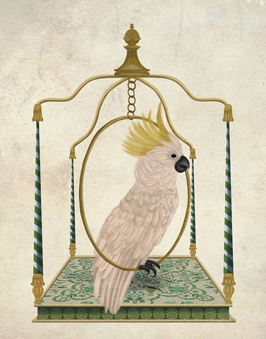 White Cockatoo on Swing Black Ornate Wood Framed Art Print with Double Matting by Fab Funky