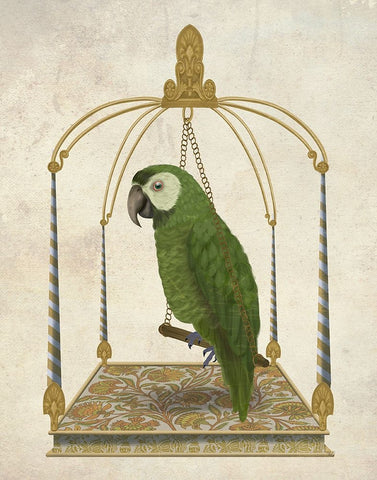 Green Parrot on Swing White Modern Wood Framed Art Print with Double Matting by Fab Funky