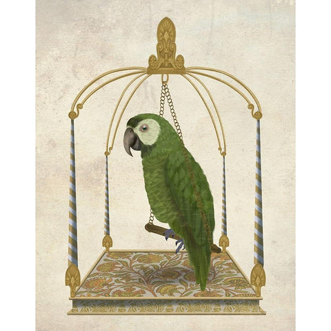 Green Parrot on Swing White Modern Wood Framed Art Print by Fab Funky