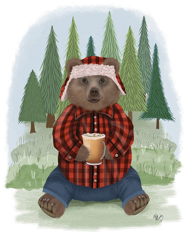 Lumberjack Bear Latte White Modern Wood Framed Art Print with Double Matting by Fab Funky