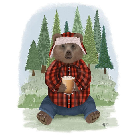 Lumberjack Bear Latte Black Modern Wood Framed Art Print with Double Matting by Fab Funky