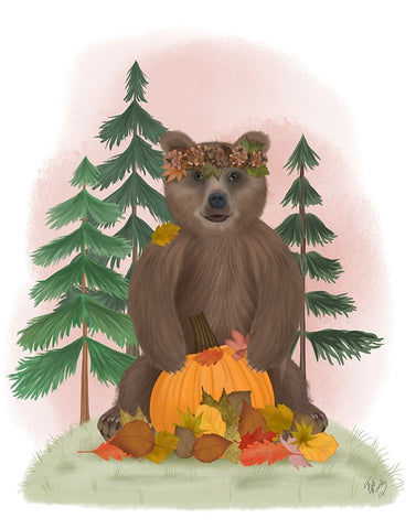 Autumn Bear and Pumpkin Black Ornate Wood Framed Art Print with Double Matting by Fab Funky