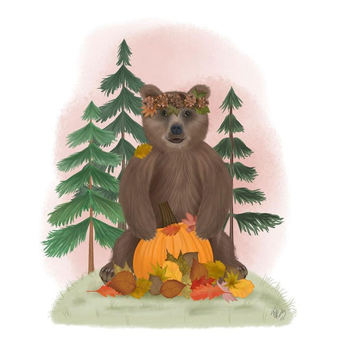 Autumn Bear and Pumpkin White Modern Wood Framed Art Print by Fab Funky