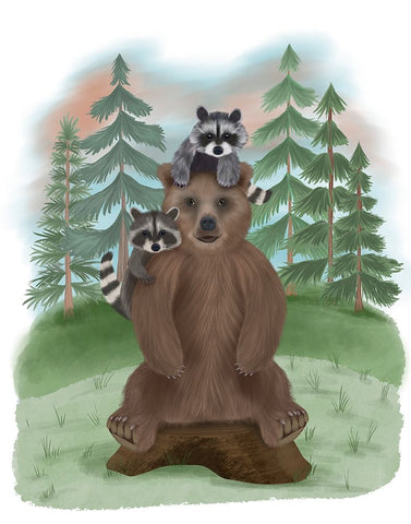 Bear and Raccoon Friends Black Ornate Wood Framed Art Print with Double Matting by Fab Funky