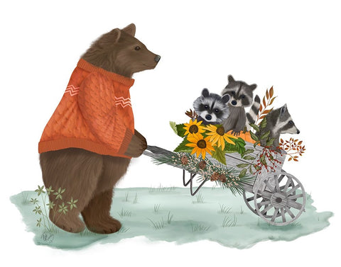 Bear and Raccoons in Wheelbarrow White Modern Wood Framed Art Print with Double Matting by Fab Funky