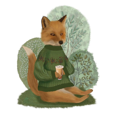 Latte Fox in Sweater Black Modern Wood Framed Art Print with Double Matting by Fab Funky