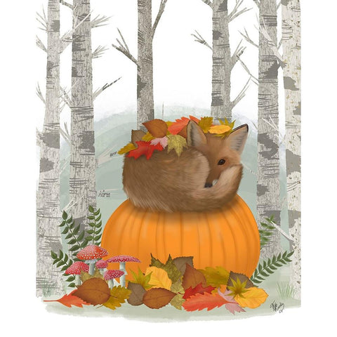 Fox Curled on Pumpkin White Modern Wood Framed Art Print by Fab Funky