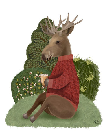 Latte Moose in Sweater White Modern Wood Framed Art Print with Double Matting by Fab Funky