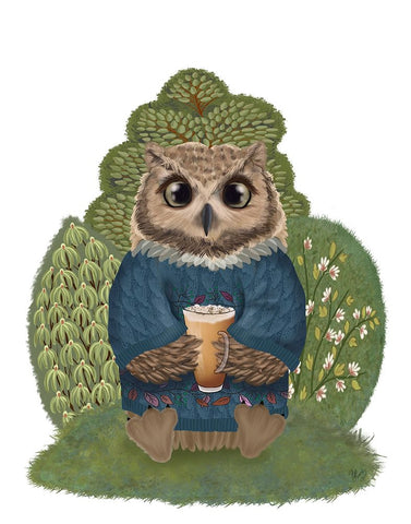 Latte Owl in Sweater White Modern Wood Framed Art Print with Double Matting by Fab Funky