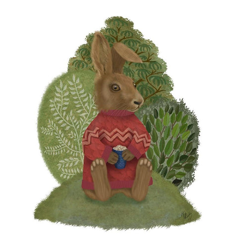 Latte Rabbit in Sweater Gold Ornate Wood Framed Art Print with Double Matting by Fab Funky