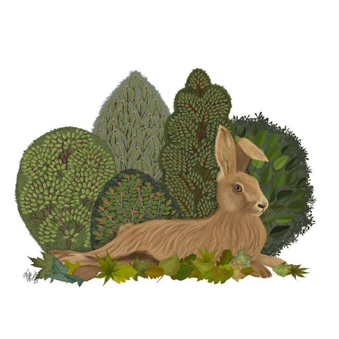 Hare Reclining in Leaves Black Modern Wood Framed Art Print with Double Matting by Fab Funky