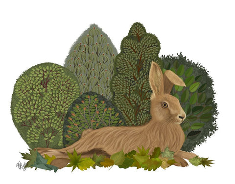 Hare Reclining in Leaves White Modern Wood Framed Art Print with Double Matting by Fab Funky