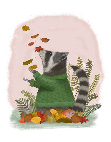 Raccoon Catching Leaves White Modern Wood Framed Art Print with Double Matting by Fab Funky