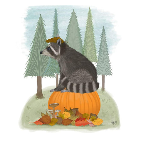 Raccoon On Pumpkin White Modern Wood Framed Art Print by Fab Funky