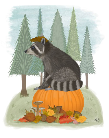 Raccoon On Pumpkin Black Ornate Wood Framed Art Print with Double Matting by Fab Funky