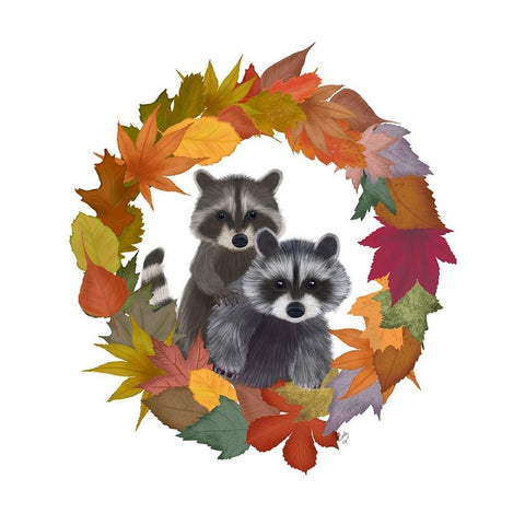 Raccoons Autumn Leaf Wreath White Modern Wood Framed Art Print by Fab Funky