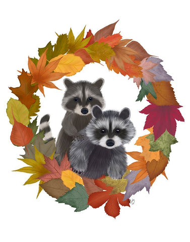 Raccoons Autumn Leaf Wreath White Modern Wood Framed Art Print with Double Matting by Fab Funky