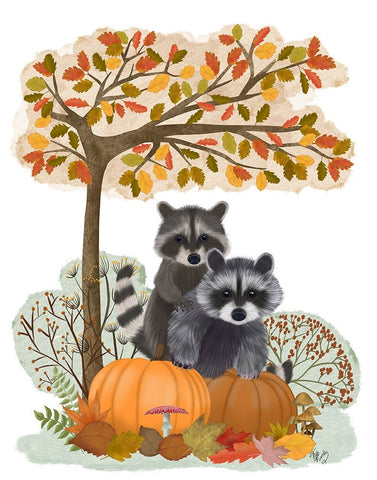 Raccoons On Pumpkins Under Tree White Modern Wood Framed Art Print with Double Matting by Fab Funky