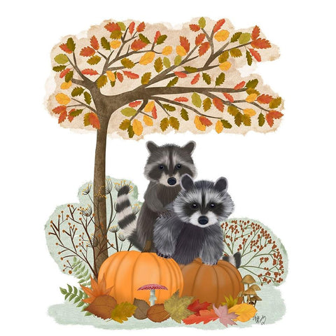 Raccoons On Pumpkins Under Tree Gold Ornate Wood Framed Art Print with Double Matting by Fab Funky